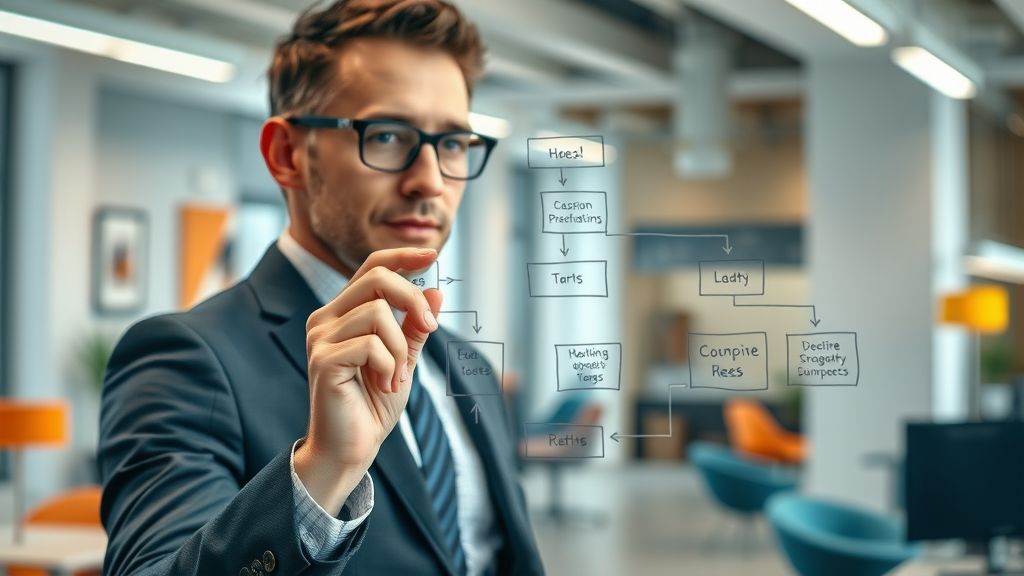 business strategist mapping AI-powered personalization steps on transparent board in office