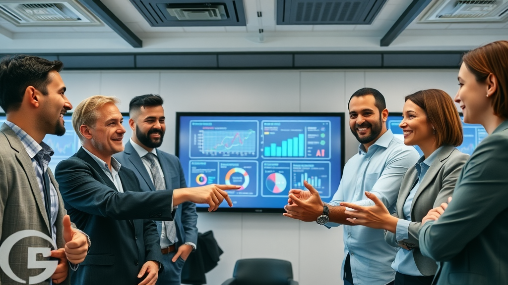 Confident business team discussing AI marketing and data analysis strategies, pointing at a digital board, modern conference room setting.