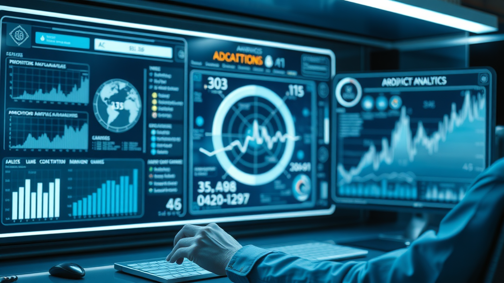 Cutting-edge AI dashboard showcasing predictive analytics for digital marketing, with holographic data panels in a futuristic office.