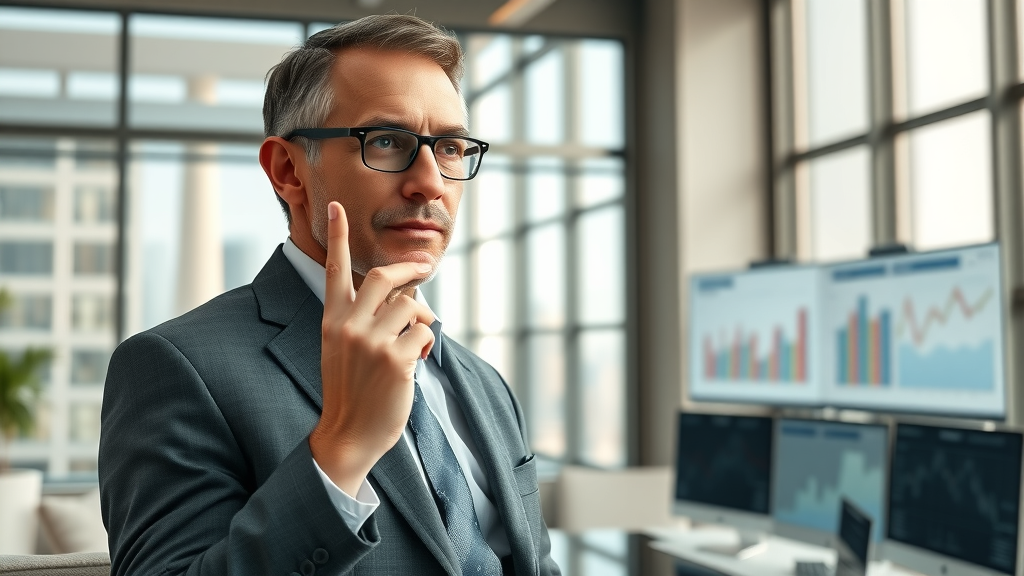 Thoughtful business leader giving opinion on marketing analytics and data analysis, gesturing toward marketing charts, modern office.