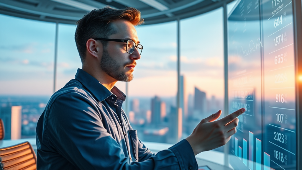 Futuristic marketing analyst examining generative AI trends for marketing analytics and customer experiences in a digital office.