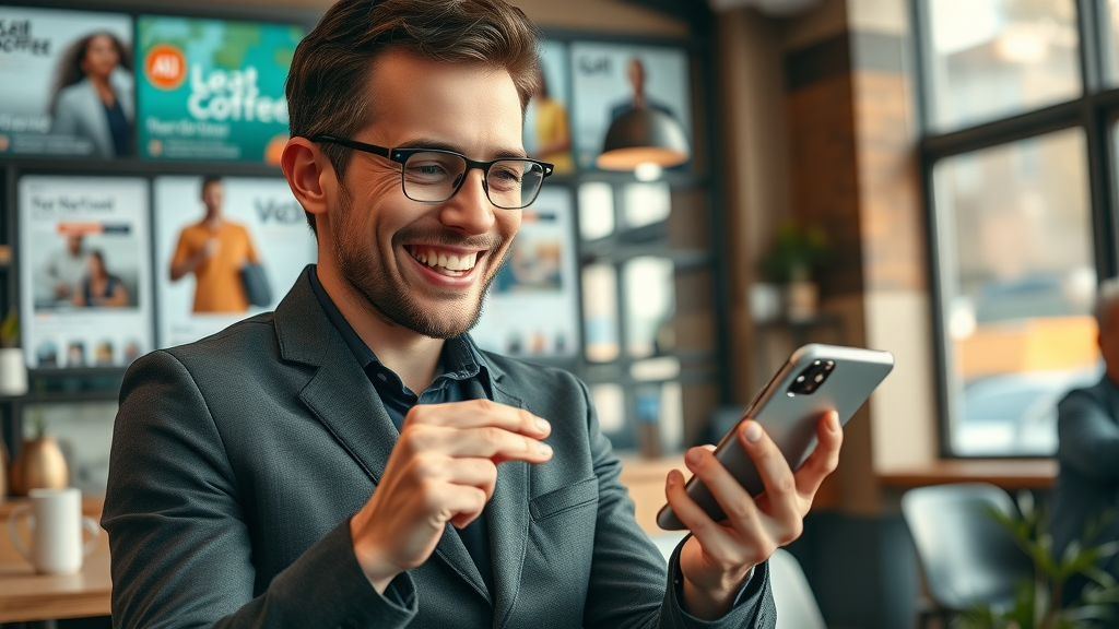 Happy customer enjoying personalized AI marketing, interacting with tailored recommendations on a mobile device in a digital setting.