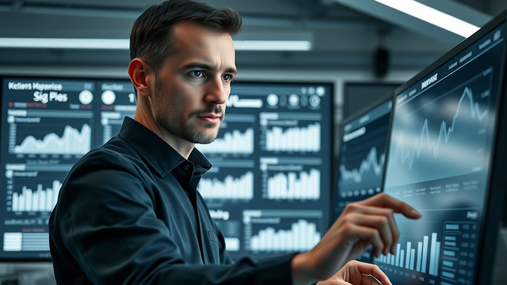 Sleek AI dashboard displaying real-time customer engagement using AI metrics, with a user analyzing advanced data on digital panels in a modern minimalistic office environment