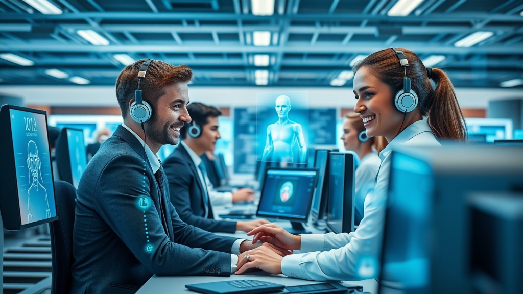 Impressive contact center with human agents collaborating with digital AI holograms, all assisting customers and interacting dynamically in a modern high-tech workspace