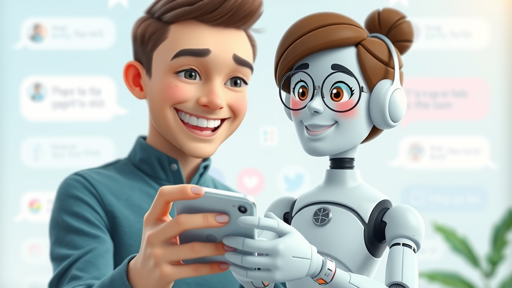 Friendly AI conversational assistant represented by a helpful avatar on a smartphone, with a smiling user and animated chat bubbles in a pastel, cartoon-style digital background