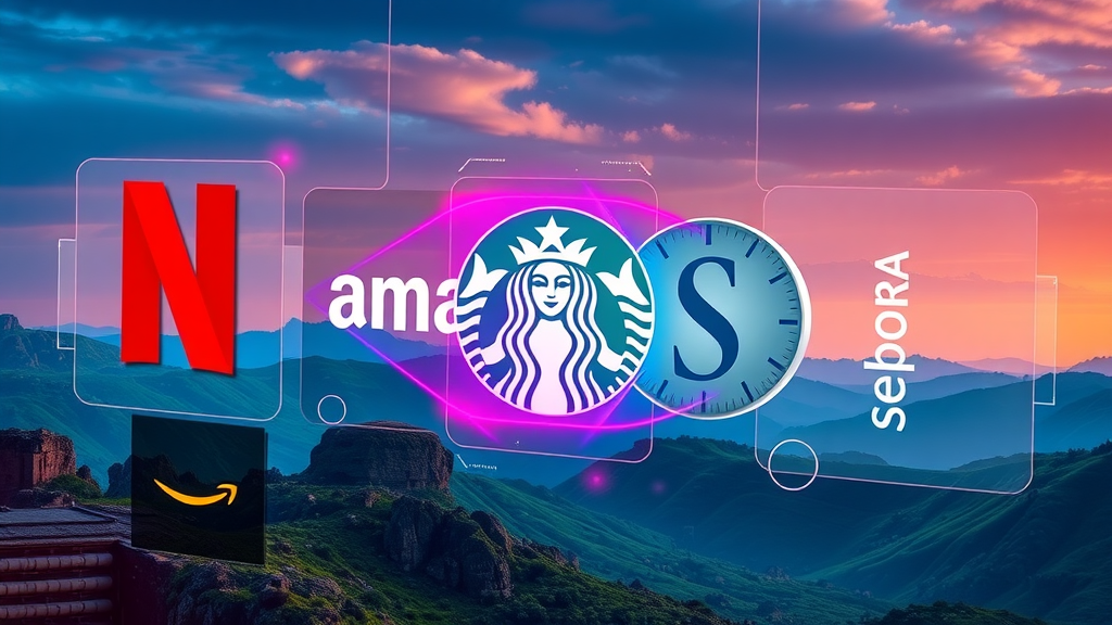 Vivid montage of Netflix, Amazon, Starbucks, and Sephora logos with AI themed futuristic digital landscape and colorful gradient overlays highlighting brand adoption of AI