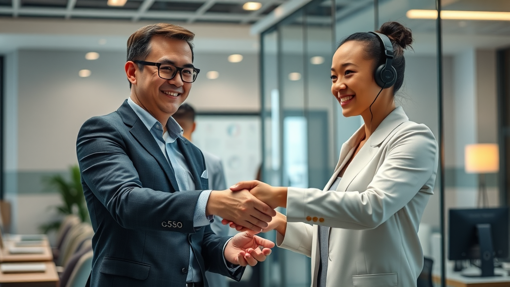 Empathetic customer service agent shaking hands with an AI hologram in a modern office, symbolizing partnership between automation and human touch in customer engagement using AI