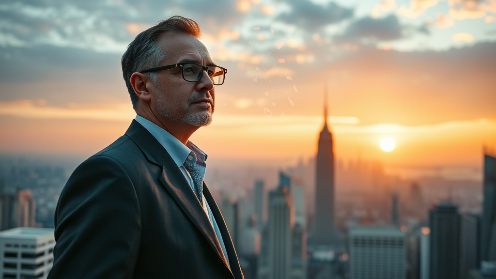 Inspirational business leader overlooking city skyline at sunrise with AI holographic elements swirling, symbolizing growth, future success, and visionary adoption of customer engagement using AI