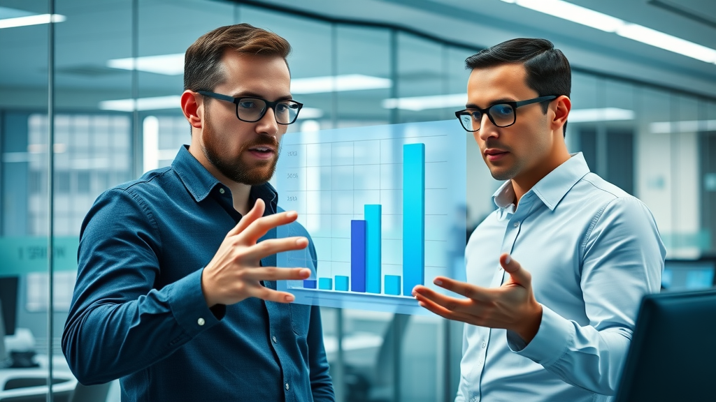 impactful bar chart representing statistical growth in AI marketing successes, confident data analysts examining results in modern office, ai marketing case studies