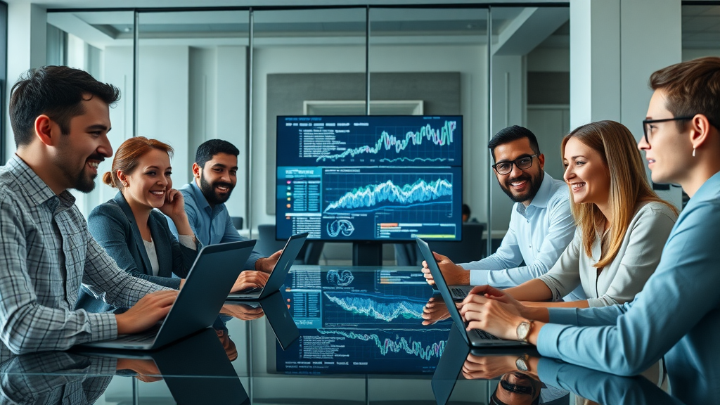 dynamic team meeting marketing and tech professionals using ai software interface, generative ai in marketing campaign