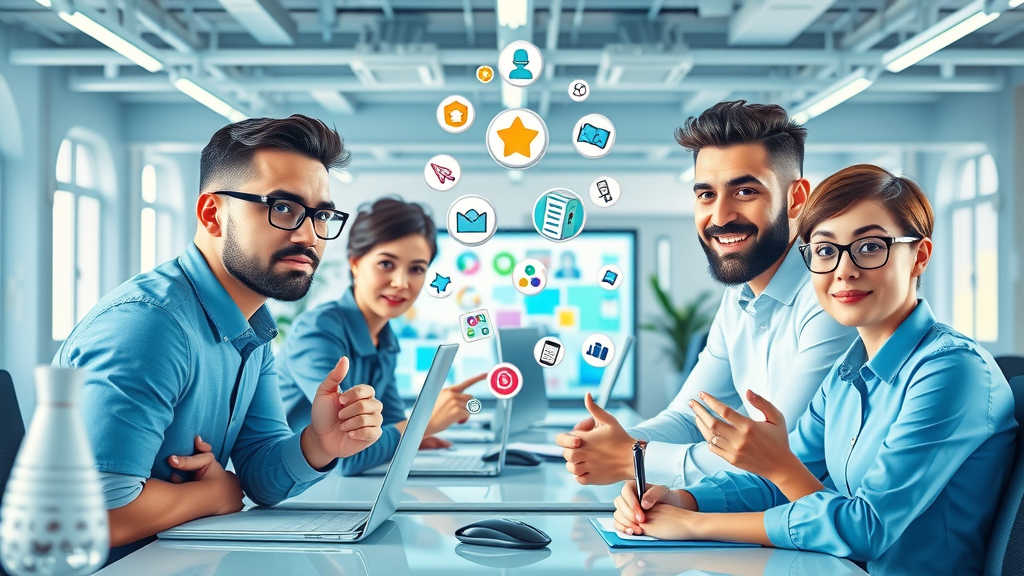 creative content team brainstorming ai-generated brand concepts in office, generative ai content creation marketing campaign