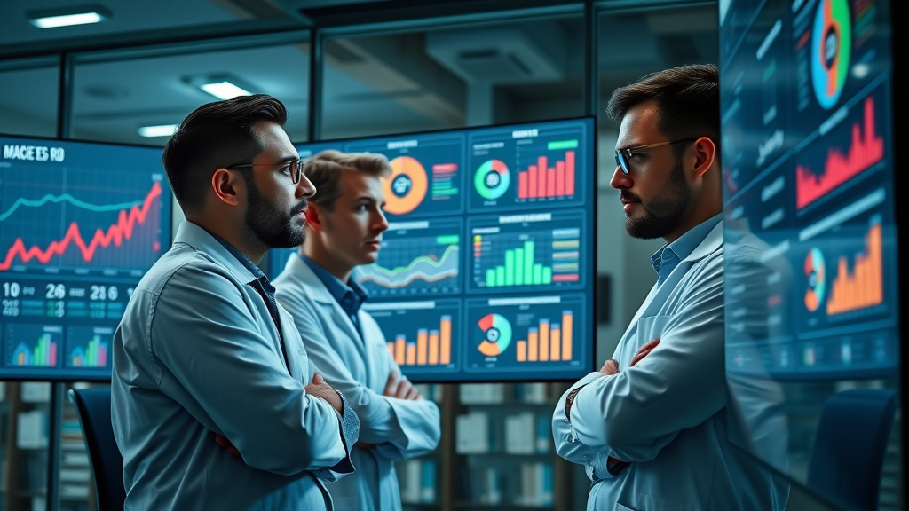 data scientist team digital marketing analysts reviewing ROI dashboards on displays ai marketing