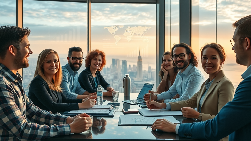 visionary marketers diverse team planning future AI marketing strategies, animated graph projections, ai marketing campaign